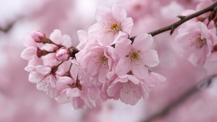 Fototapeta premium Detailed view of blooming pink cherry flowers