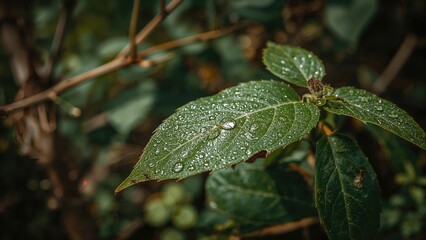 Close-up of damp leaves and a crawling ant in a natural setting
