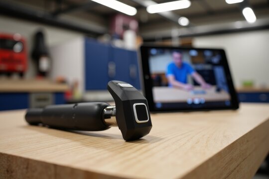 Biometric security device. A modern gadget with a fingerprint scanner on a wooden desk. A tablet with a video call is in the background. - Powered by Adobe