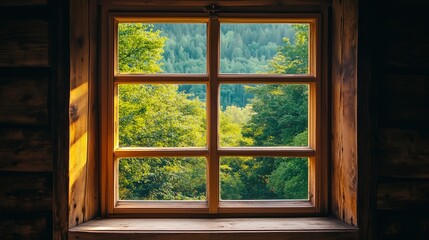 Fototapeta premium Simple Wooden Window Framing Vast Natural View, Symbolizing Tradition and New Life, for Digital Backgrounds, Wallpapers, and Inspirational Designs.
