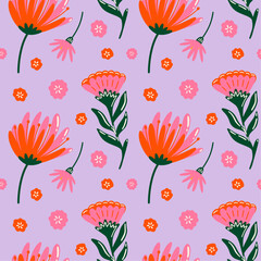 Tropical summer floral plants seamless vector pattern with colorful abstract exotic spring flowers illustration elements in cartoon funky groovy style for wrapping paper, textile, wallpaper, fabric