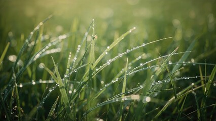 Detailed view of wet grass with morning sunlight highlighting natural freshness