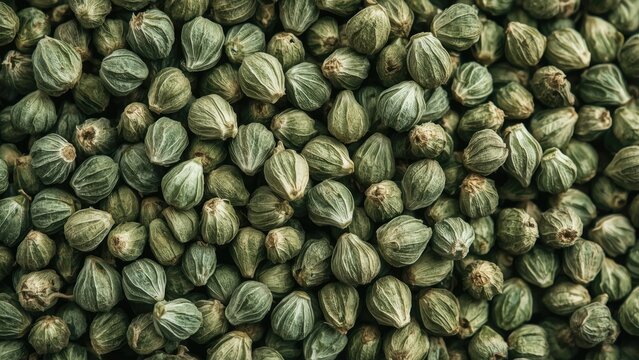 Detailed View of Desiccated Green Broccoli Seeds Against a White Backdrop
