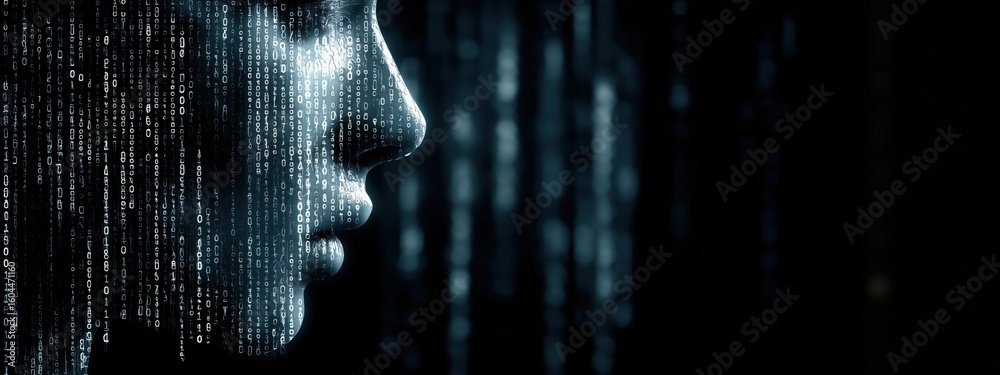 Poster futuristic side profile of a human face merged with digital binary code representing artificial inte