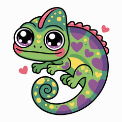 Cartoon chameleon with heart spots and big eyes sitting on a white background looking adorable