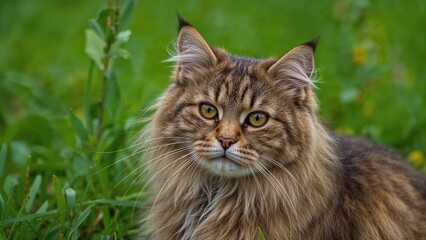 Naklejka premium Focused image of a cat framed by green surroundings