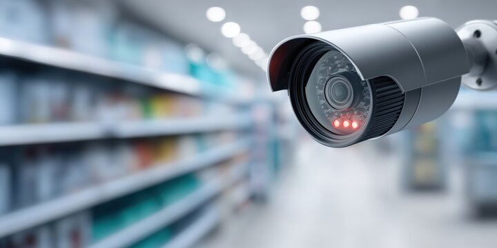 Close-Up of Security Camera with Red LED Light Blinking in Retail Environment for Monitoring and Surveillance Purposes