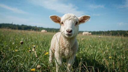 Young sheep photographed closely in a lush meadow surrounded by natural scenery and blue skies