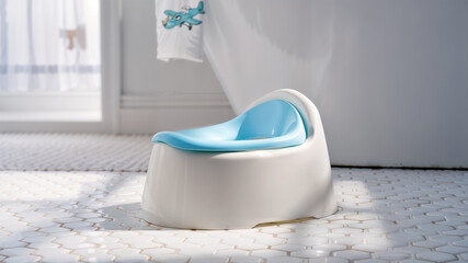 Child's potty in bathroom. A blue and white potty chair sits on a tiled bathroom floor in bright sunlight, representing potty training and child development.