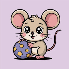 A cartoon mouse holding a purple ball decorated with yellow stars on a light purple background