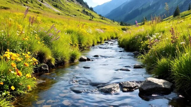 Mountain River Flowing Through Forested Landscape, A serene shot of a mountain stream running through a meadow, with wildflowers growing along the banks, High-quality landscapes nature video footage 