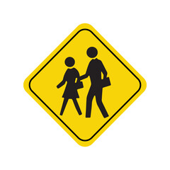 Yellow traffic sign with black child and adult pedestrian silhouettes, vector illustration