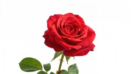 Zoomed-in image of a red rose and vibrant green leaves set on a white background