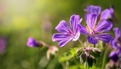 vibrant purple geranium flowers in a sunny summer meadow with a blurred green background