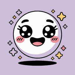 A cute cartoon white circle with big eyes and a smile surrounded by stars on a purple background