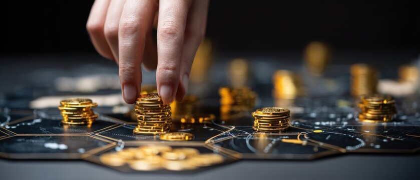 The hand placing gold coins on a strategic board game setup.