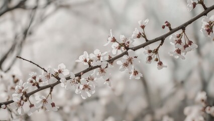 Macro shot of a plum tree branch adorned with white spring flowers