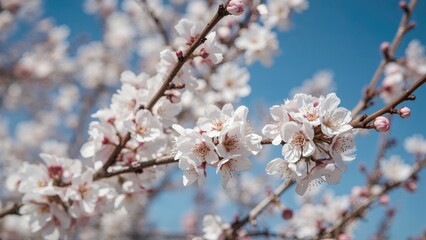 Obraz premium Zoomed-in image of cherry tree blossoms against a clear azure sky - emphasis on flowers, ample copy space