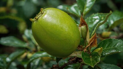 Obraz premium Close-up image capturing the bright hues of a Bixa Orellana flower in a natural environment