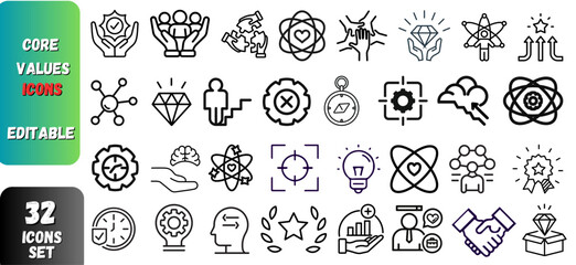 Core Values & Business Ethics Icon Set | 32 Editable Outline Symbols for Corporate Culture