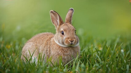 Fototapeta premium Close-up of an adorable bunny resting on lush green grass