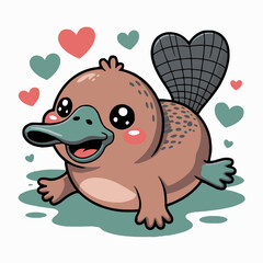 Cartoon platypus with hearts floating around it on a white background in a cute kawaii style