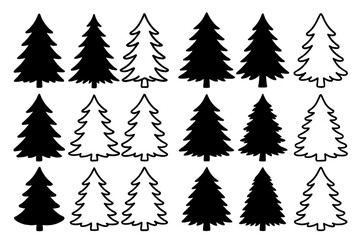 Pine tree silhouette and outline vector set. Christmas tree icon collection. Evergreen, fir, spruce forest graphic elements. Winter holiday design asset for decoration.