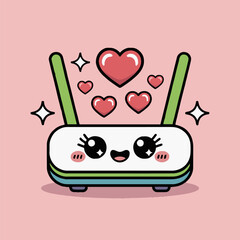A cute cartoon router with hearts floating above it on a pink background with stars around it