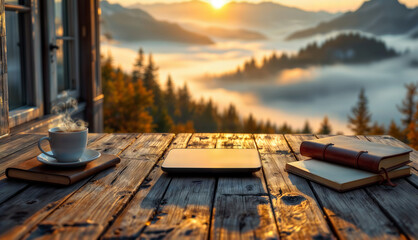 Morning coffee with a view. A peaceful morning with a cup of hot coffee, a book, and a tablet on a wooden table overlooking a foggy mountain sunrise.