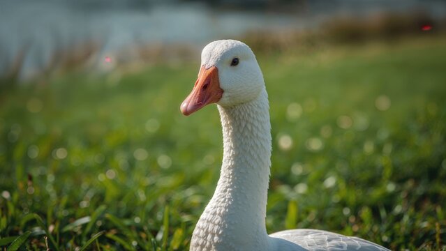 White Goose Posing in a Field of Green Grass