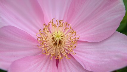 Obraz premium Detailed view of a Clematis flower's reproductive parts with colorful petals in summer