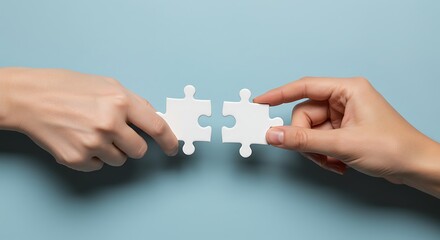 Hands Joining White Puzzle Pieces on Blue Background
