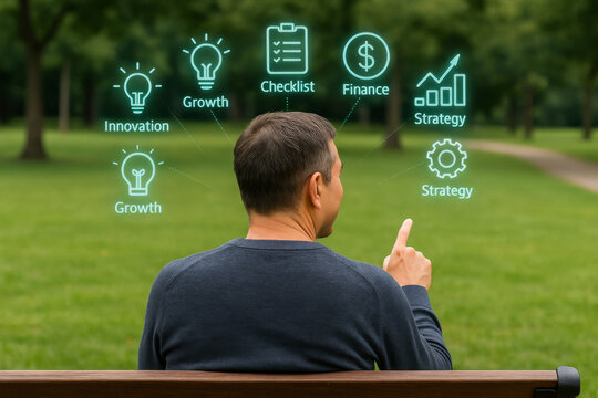 Man sitting on bench interacts with virtual icons representing innovation, growth, checklist, finance, and strategy, set against blurred green park background