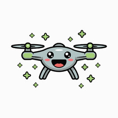 Cartoon drone with a happy face and green stars surrounding it on a white background illustration