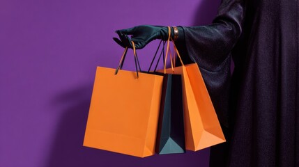 Witch costume arm holding orange and black shopping bags, bright purple background, Halloween theme, spooky yet playful atmosphere, copy space. Ideal for seasonal promotions or festive content.