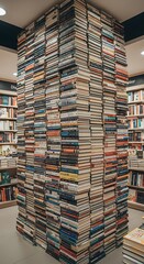 Fototapeta premium Towering stacks of books fill a bookstore display.