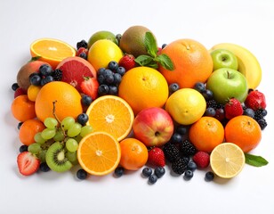 Dynamic composition of different fruit types, photographed cinematically with a pristine white background. Prioritize striking, well-matched colors and exceptional clarity in every detail. Full HD."
