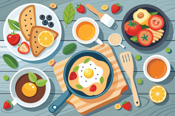 Delicious and colorful breakfast illustration with eggs toast fruit and tea