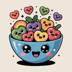 A bowl full of colorful hearts and rainbow with a kawaii style bowl with a smiling face and big eyes