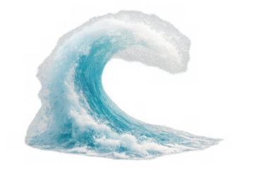 Massive ocean wave cresting, generating white foamy spray, transparent backdrop highlighting dynamic marine energy