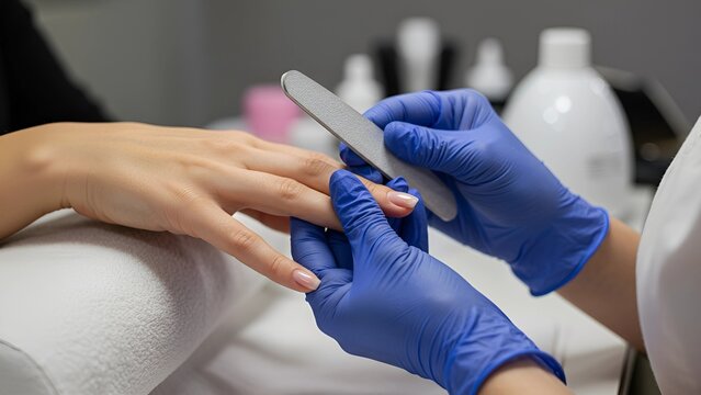 Professional manicurist shaping clients nails with a file - Powered by Adobe