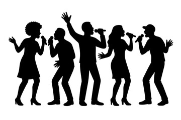 Singing silhouette vector of diverse people. Group of singers with microphone. Musical performance concept. Concert, band, choir, or karaoke party. Isolated illustration.