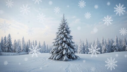 Fototapeta premium Snow-covered Christmas tree set against a frosty winter landscape