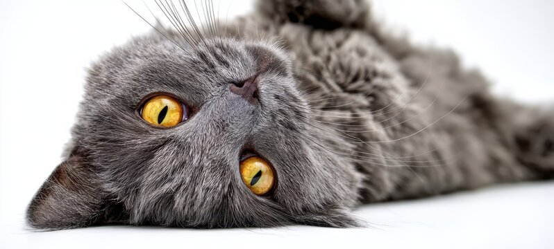 The adorable gray cat with striking yellow eyes relaxing on a white surface.