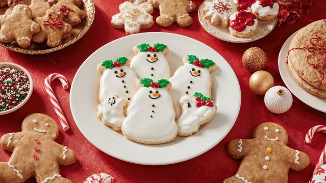 Winter holiday confections with snowman sugar cookies gradually melting on the counter