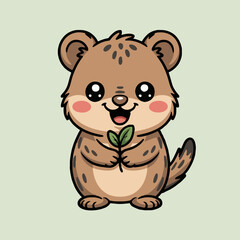 Naklejka premium Cartoon otter holding a leaf with big eyes and rosy cheeks on a light green background illustration