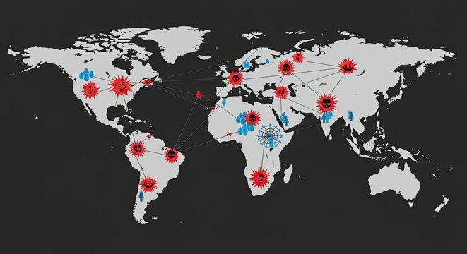 Global threat map showing virus spread and environmental challenges