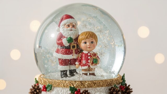 Festive snow globe ornament with a Santa figure and young boy