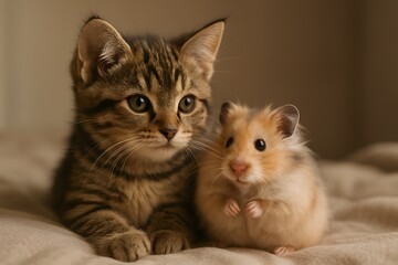 Adorable Kitten and Hamster Sitting Close Together Looking Curious