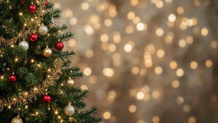 Holiday-themed background adorned with evergreen foliage, illumination, decorations, and a gentle blur effect, perfect for stickers, scrapbooking, and text overlay